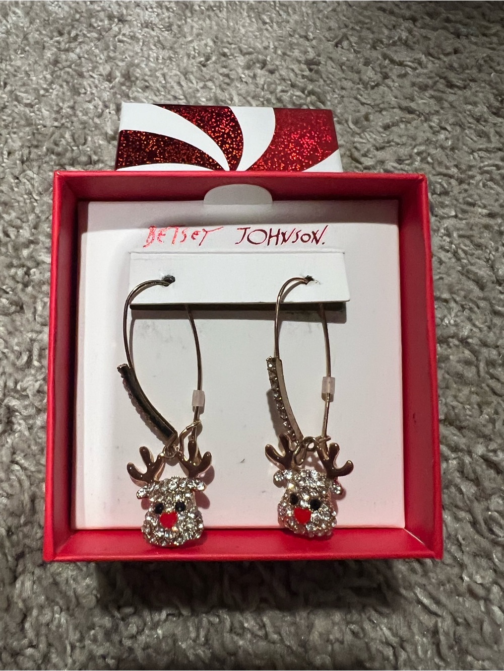 Betsey Johnson Gold-tone Hoop Earrings with Red and Clear Rhinestone Reindeer
